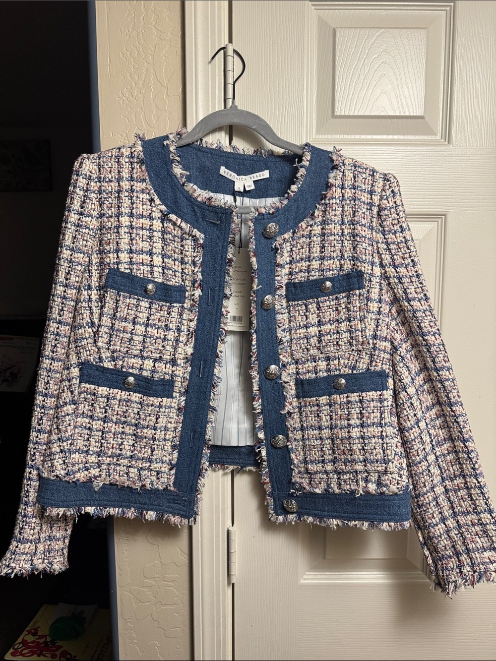 Veronica Beard Esten Jacket Multicolor Tweed Cropped with Denim Trim Sz. 10 NWT